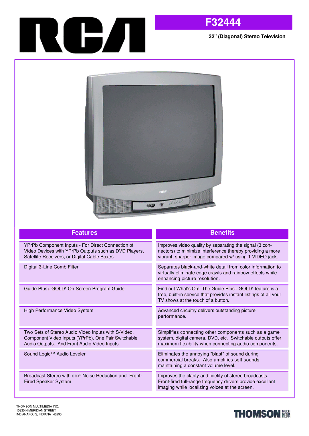 RCA F32444 manual Features, Benefits 