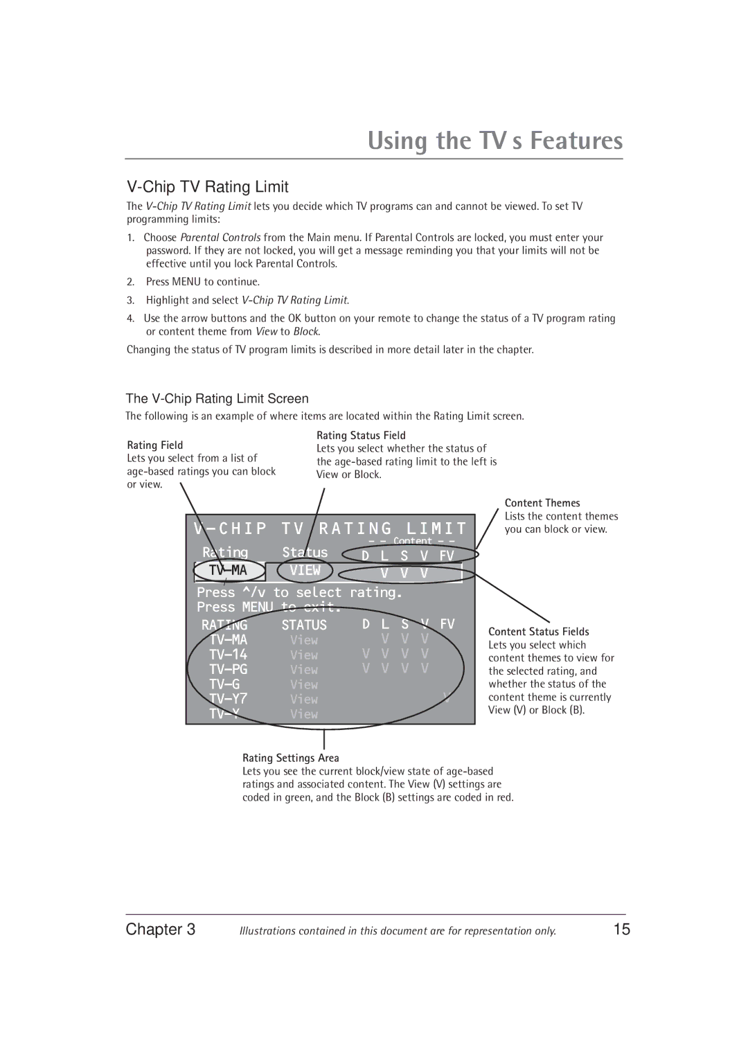 RCA F27550, F32550 manual Chip TV Rating Limit, V-Chip Rating Limit Screen 