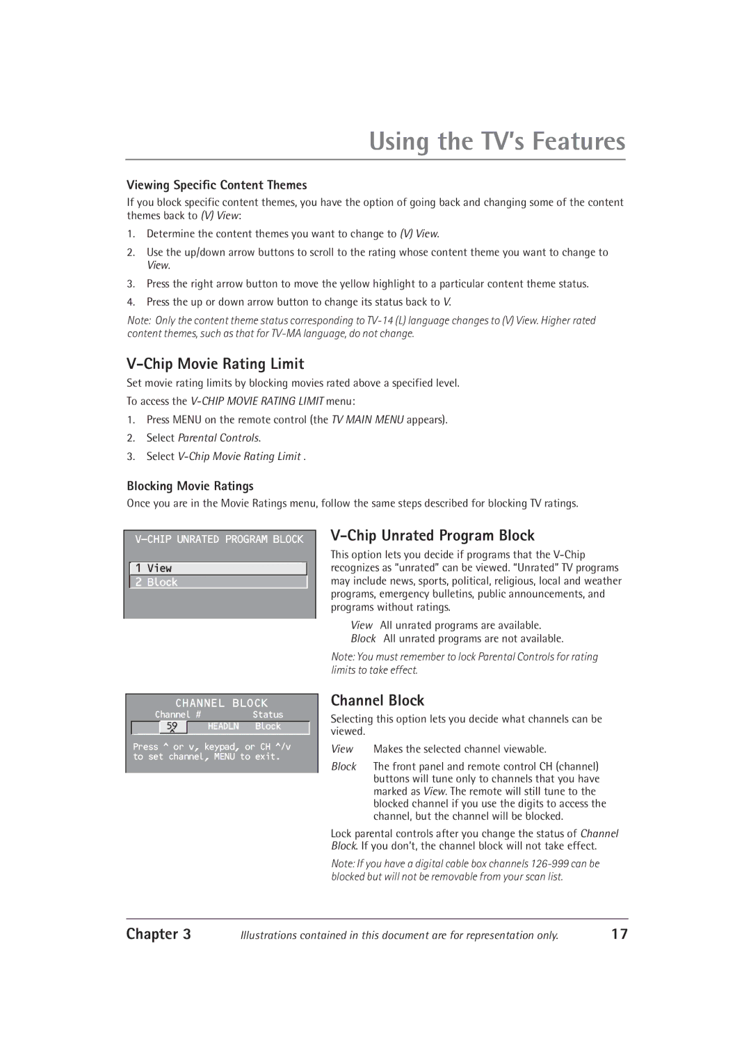RCA F27550, F32550 Chip Movie Rating Limit, Chip Unrated Program Block, Channel Block, Viewing Specific Content Themes 