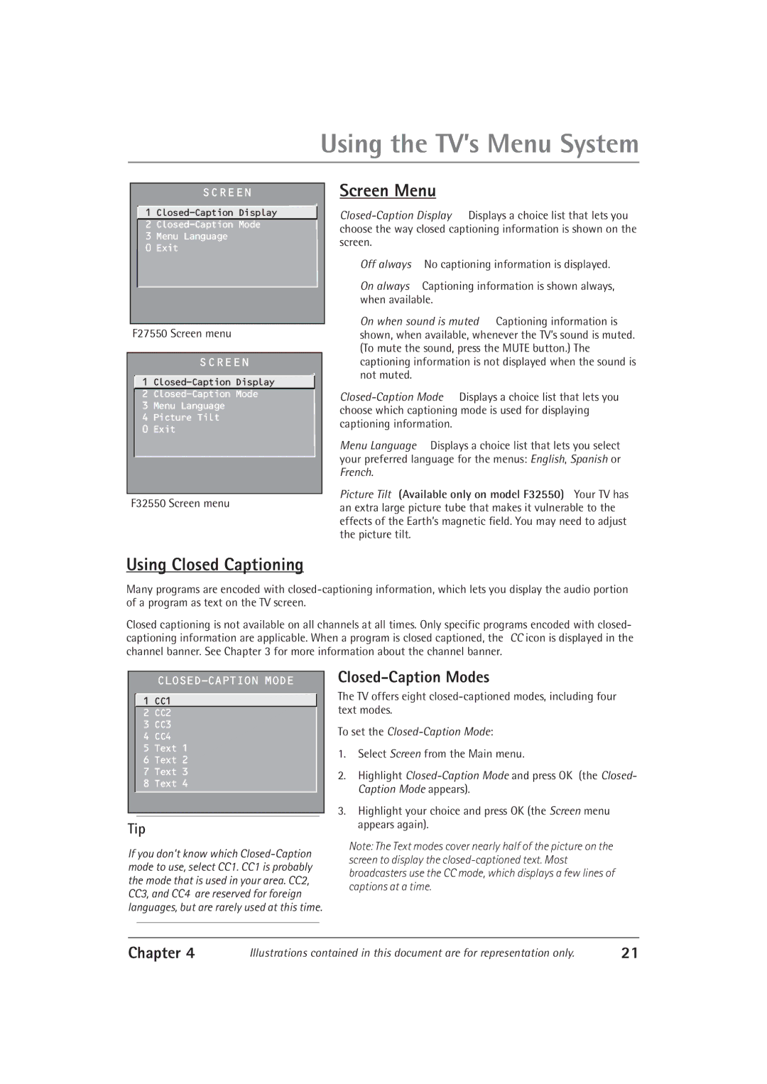 RCA F27550, F32550 manual Screen Menu, Using Closed Captioning, Closed-Caption Modes, Tip 