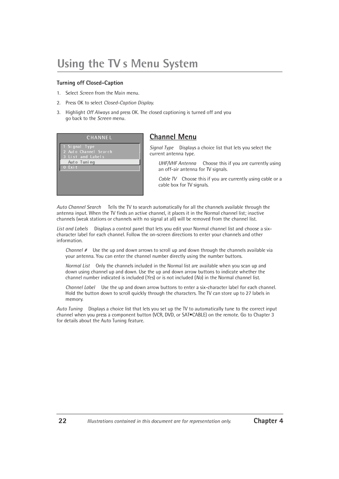 RCA F32550, F27550 manual Channel Menu, Turning off Closed-Caption 