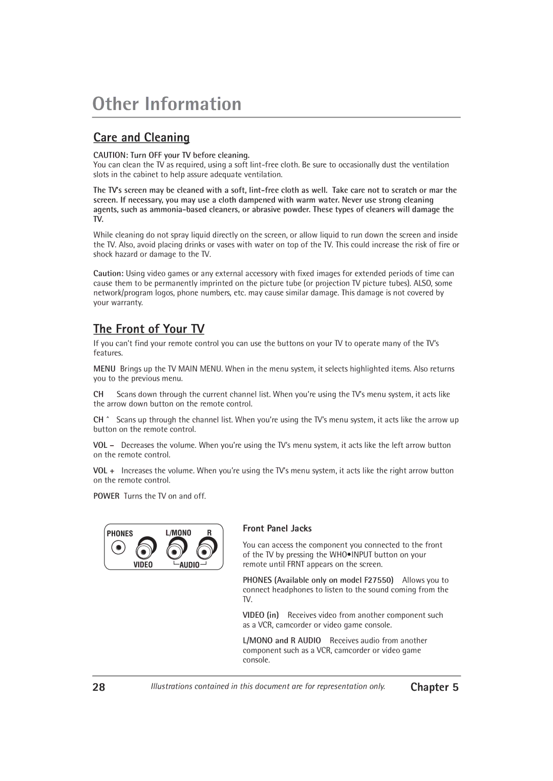 RCA F32550, F27550 manual Care and Cleaning, Front of Your TV, Front Panel Jacks 