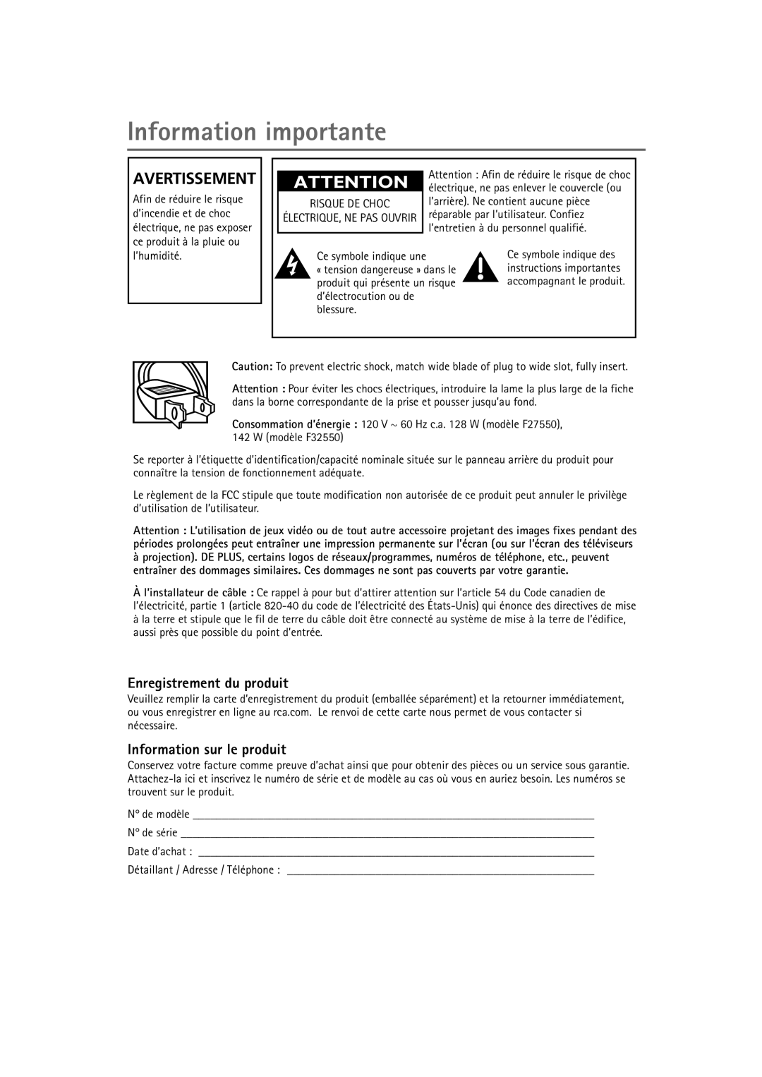 RCA F32550, F27550 manual Information importante, Enregistrement du produit, Information sur le produit 