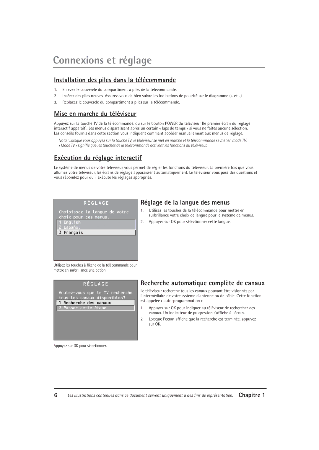 RCA F32550 Installation des piles dans la télécommande, Mise en marche du téléviseur, Exécution du réglage interactif 