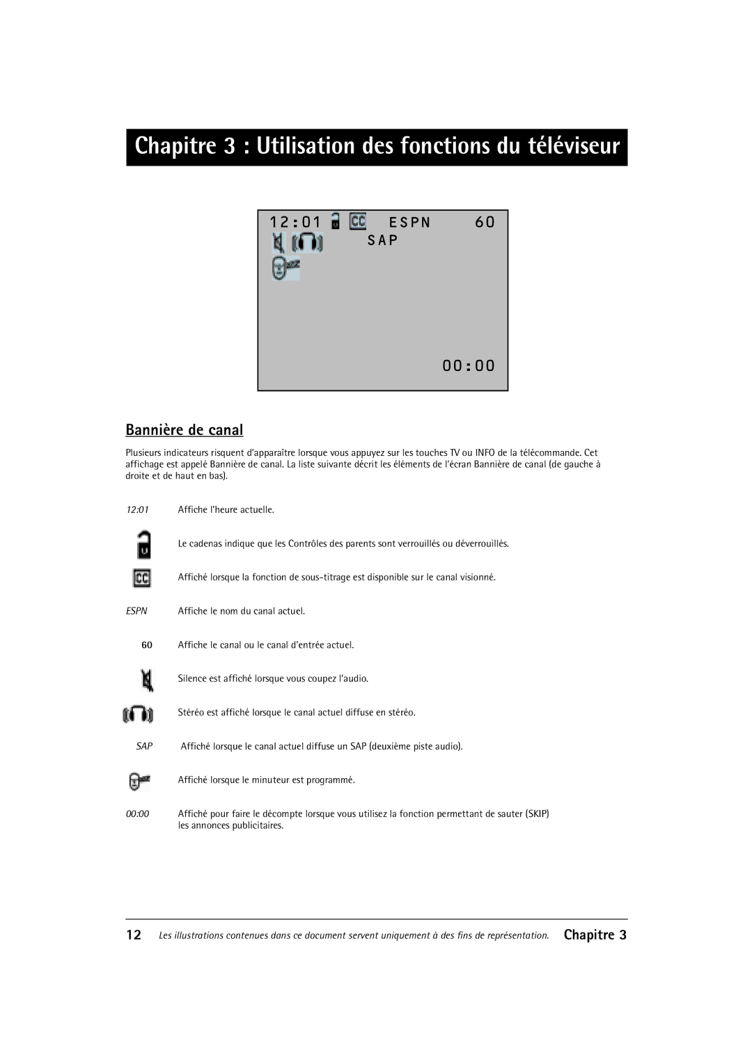 RCA F32550, F27550 manual Chapitre 3 Utilisation des fonctions du téléviseur, Bannière de canal 