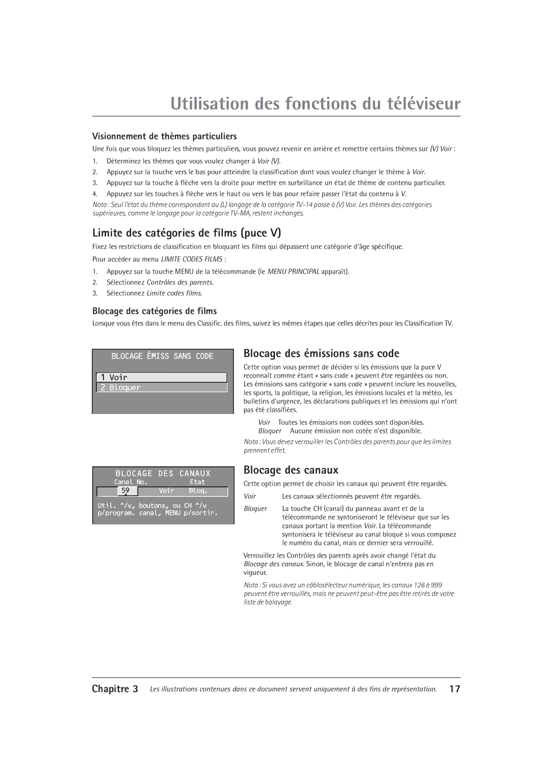 RCA F27550, F32550 manual Limite des catégories de films puce, Blocage des émissions sans code, Blocage des canaux 