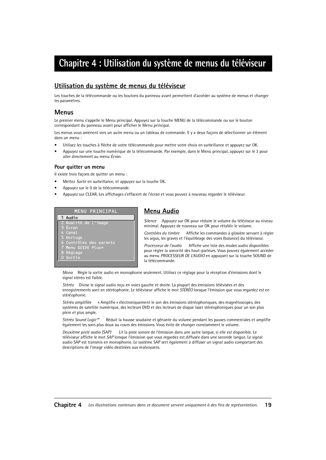 RCA F27550, F32550 manual Utilisation du système de menus du téléviseur, Menu Audio, Pour quitter un menu 