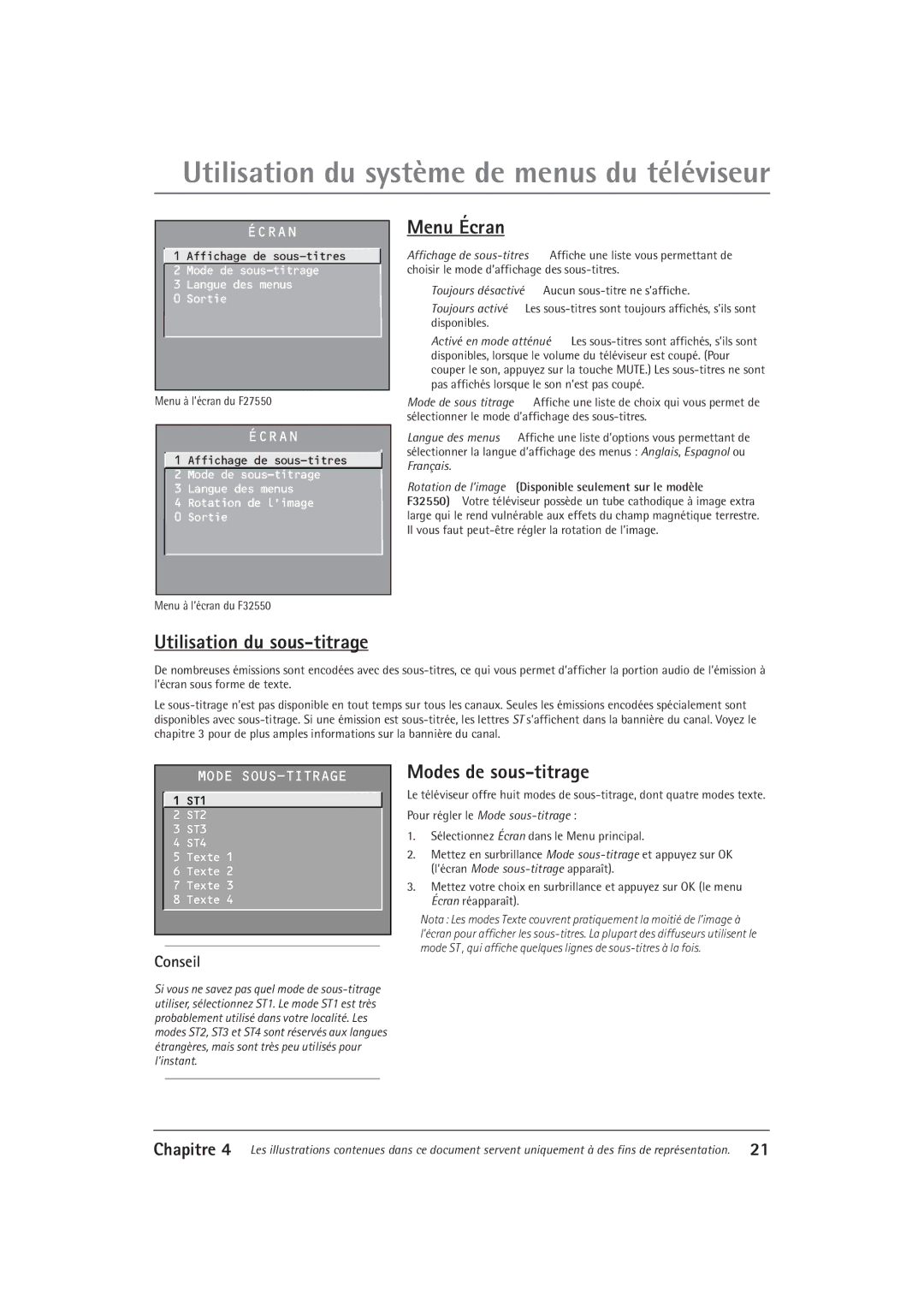 RCA F27550, F32550 manual Menu Écran, Utilisation du sous-titrage, Modes de sous-titrage, Conseil 