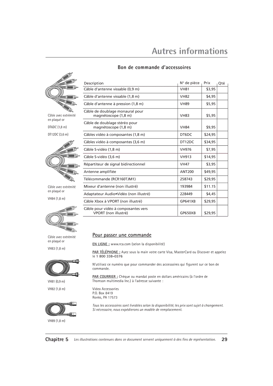 RCA F27550, F32550 manual Bon de commande d’accessoires, Pour passer une commande 