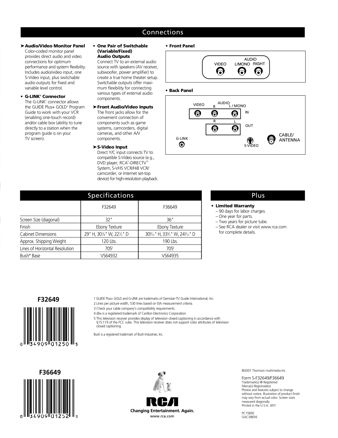 RCA F32649, F36649 manual Connections, Specifications Plus 