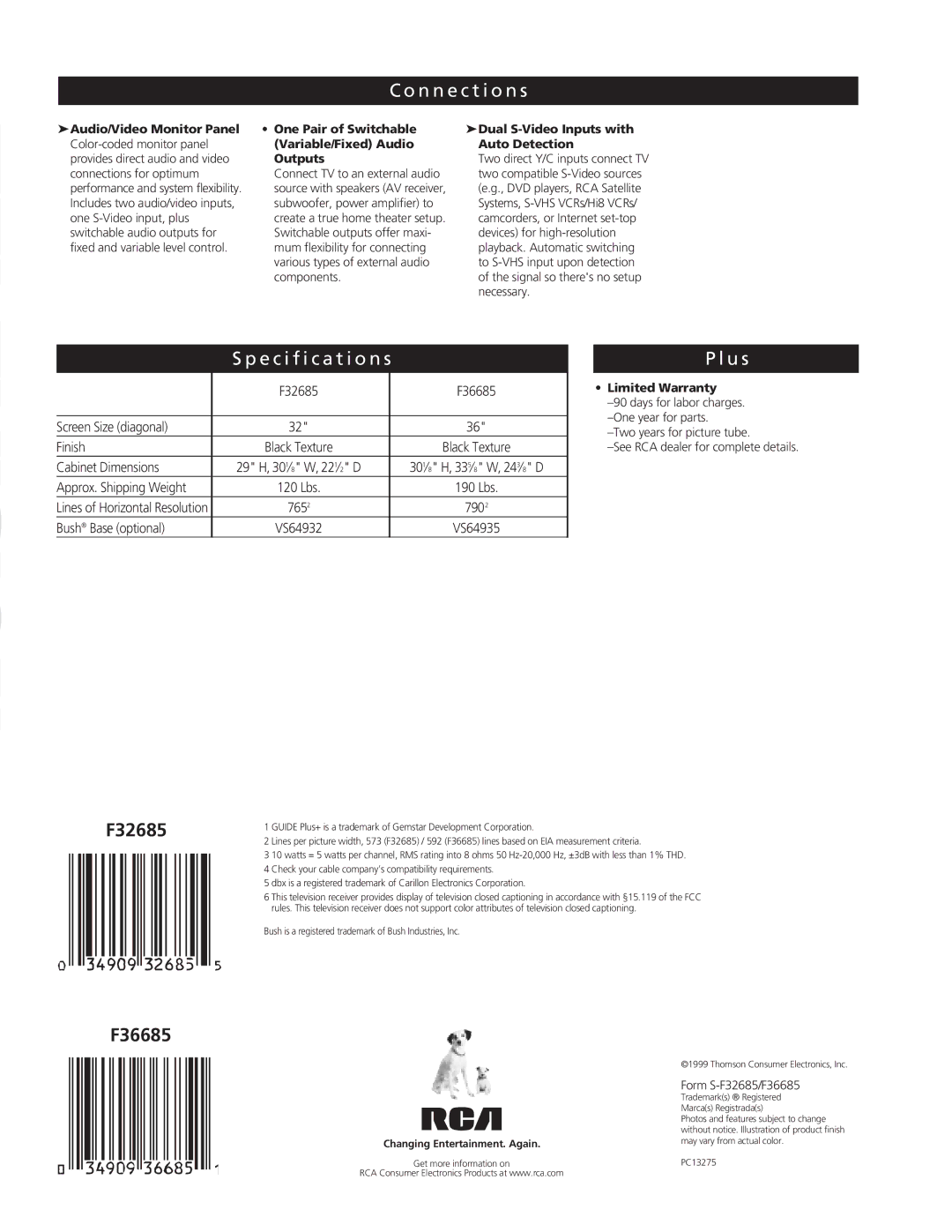 RCA F32685, F36685 N n e c t i o n s, Specification s U s, Variable/Fixed Audio Auto Detection, Outputs, Limited Warranty 