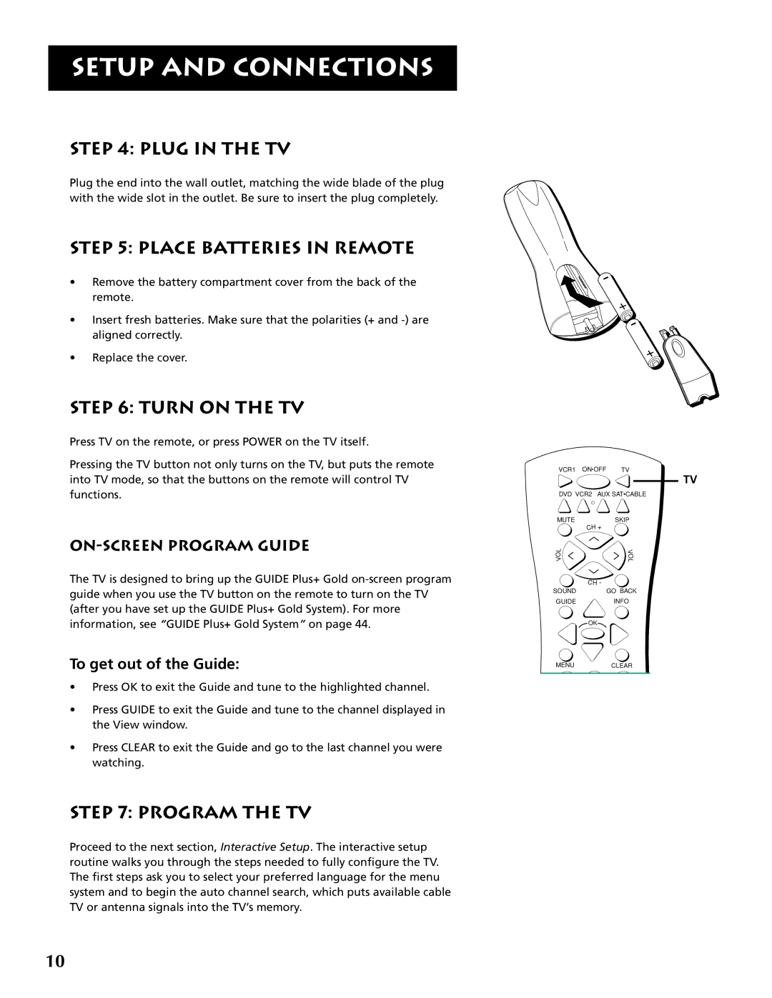 RCA F32691 manual Plug in the TV, Place Batteries in Remote, Turn on the TV, Program the TV, ON-SCREEN Program Guide 