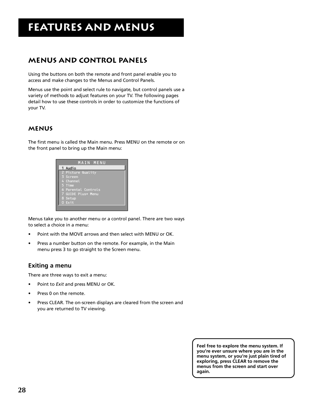 RCA F32691 manual Menus and Control Panels, Exiting a menu 