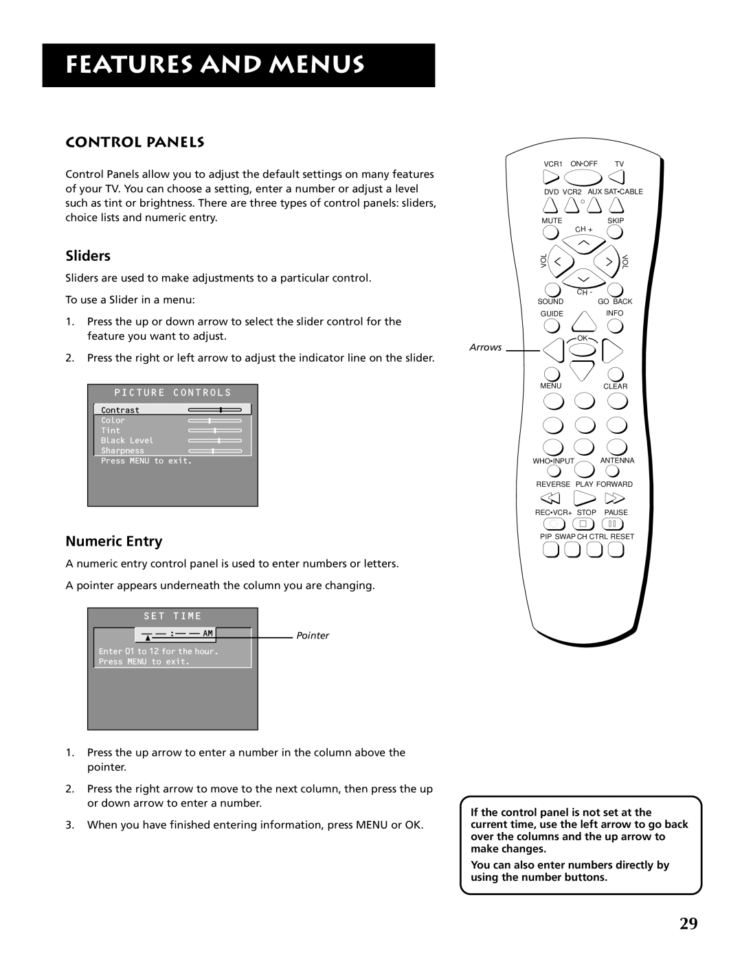 RCA F32691 manual Control Panels, Sliders, Numeric Entry 