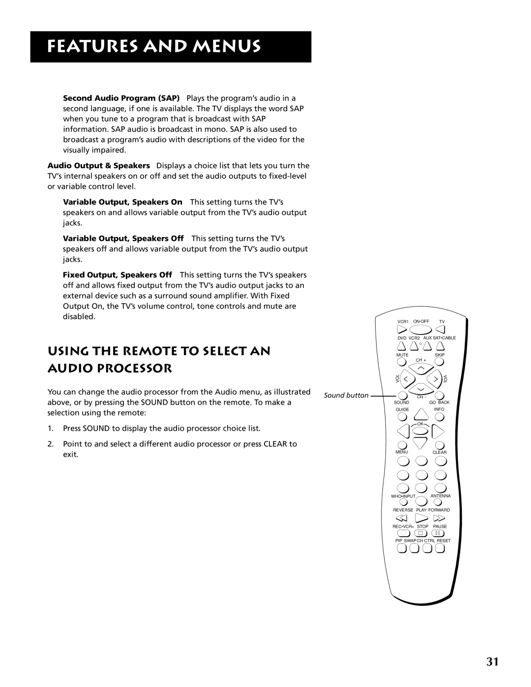 RCA F32691 Using the Remote to Select AN Audio Processor, Variable Output, Speakers On, Variable Output, Speakers Off 