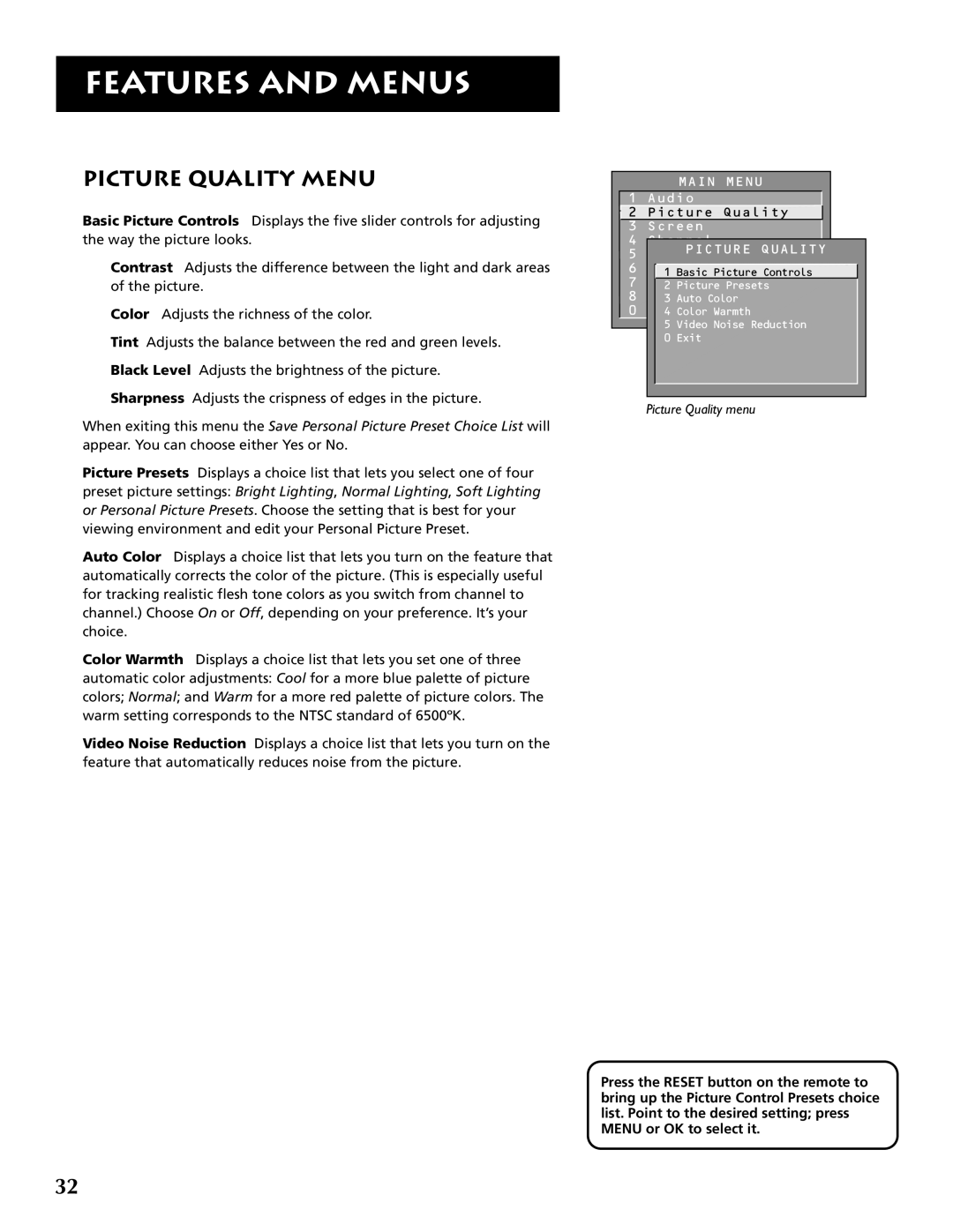 RCA F32691 manual Picture Quality Menu 