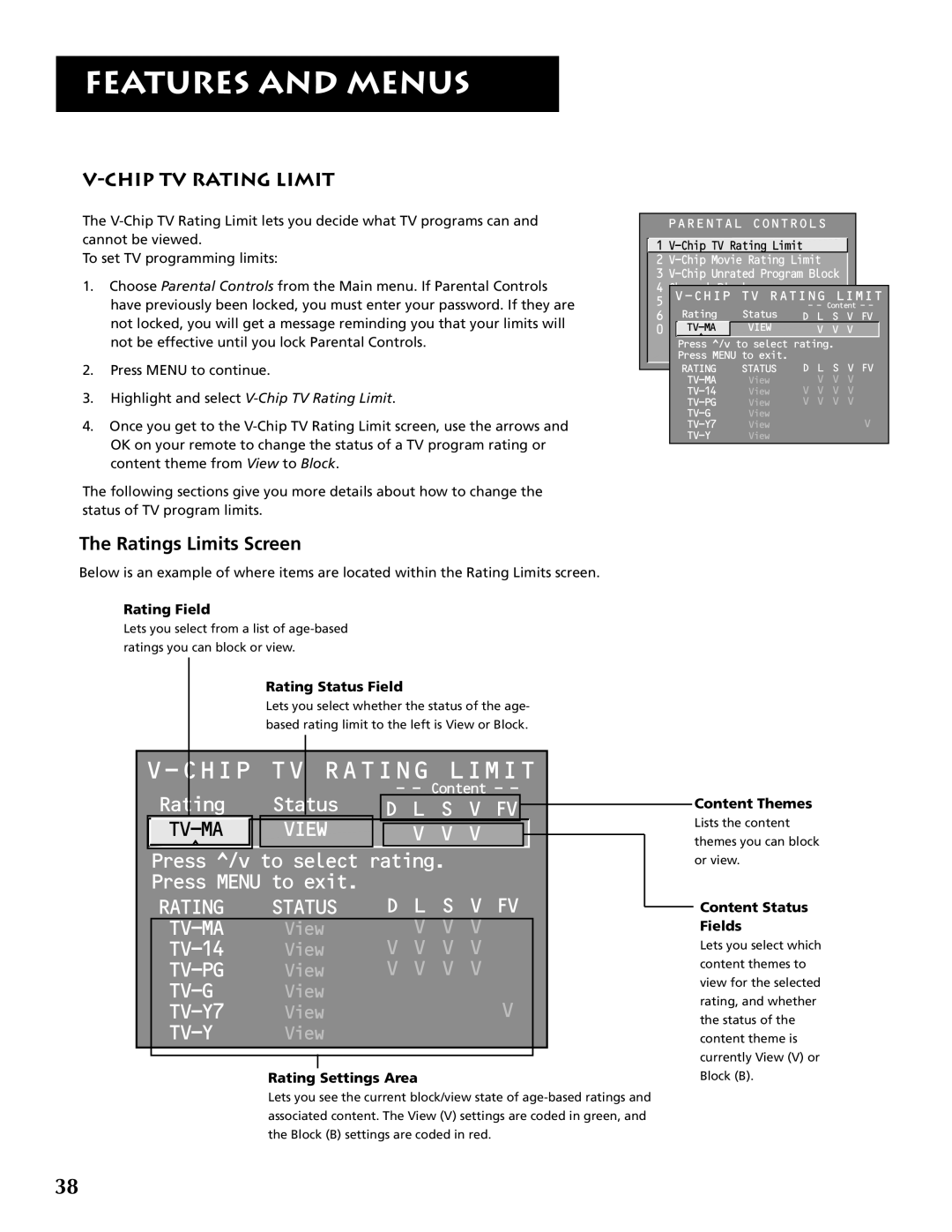 RCA F32691 manual Chip TV Rating Limit, Ratings Limits Screen 