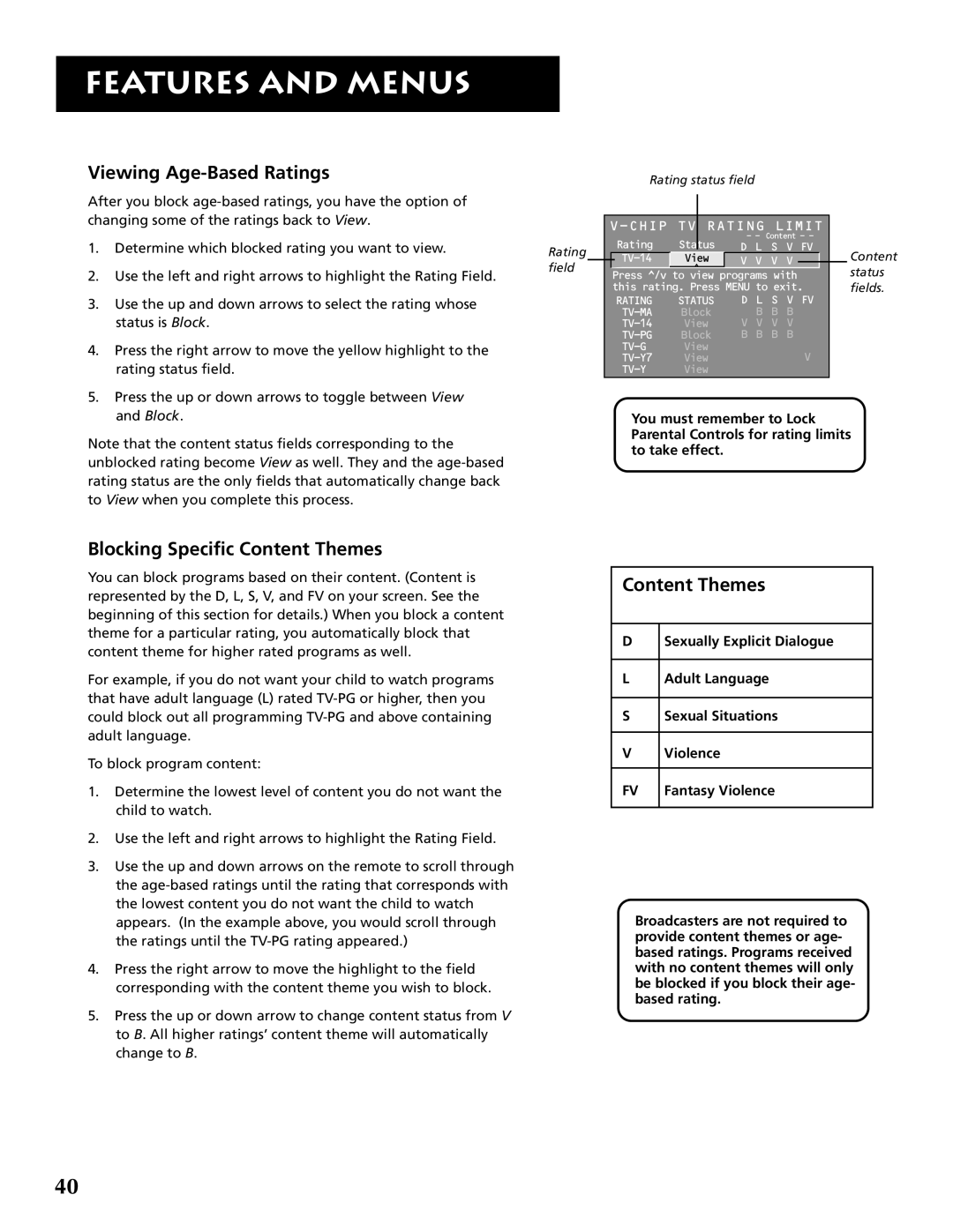 RCA F32691 manual Viewing Age-Based Ratings, Blocking Specific Content Themes 