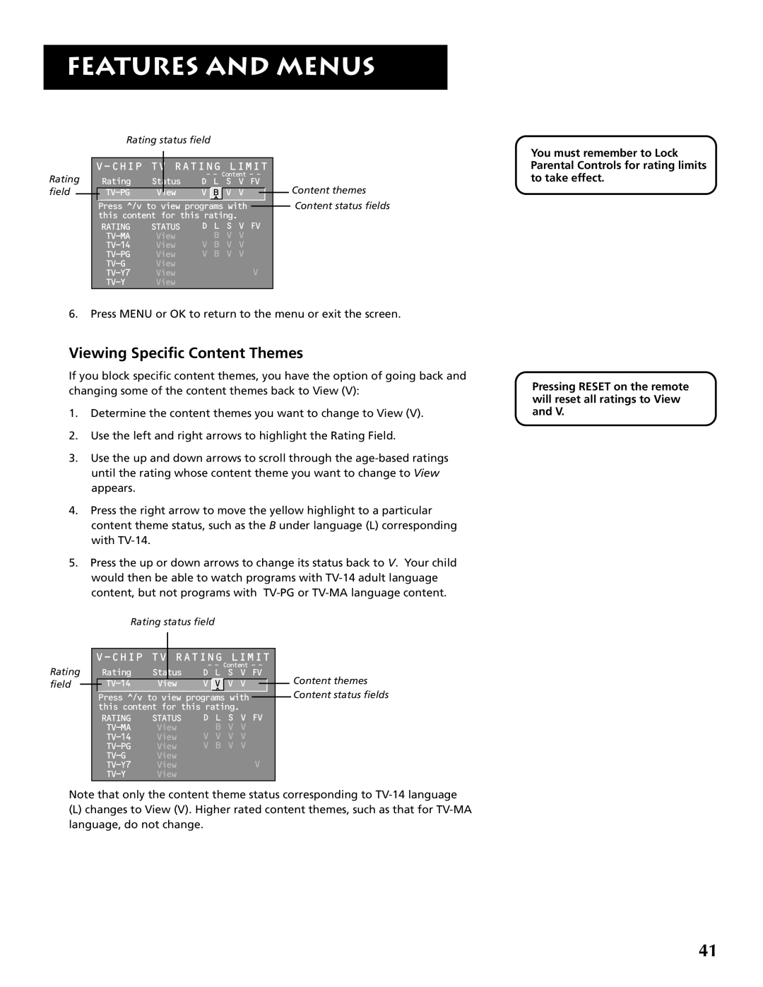 RCA F32691 manual Viewing Specific Content Themes, Field 