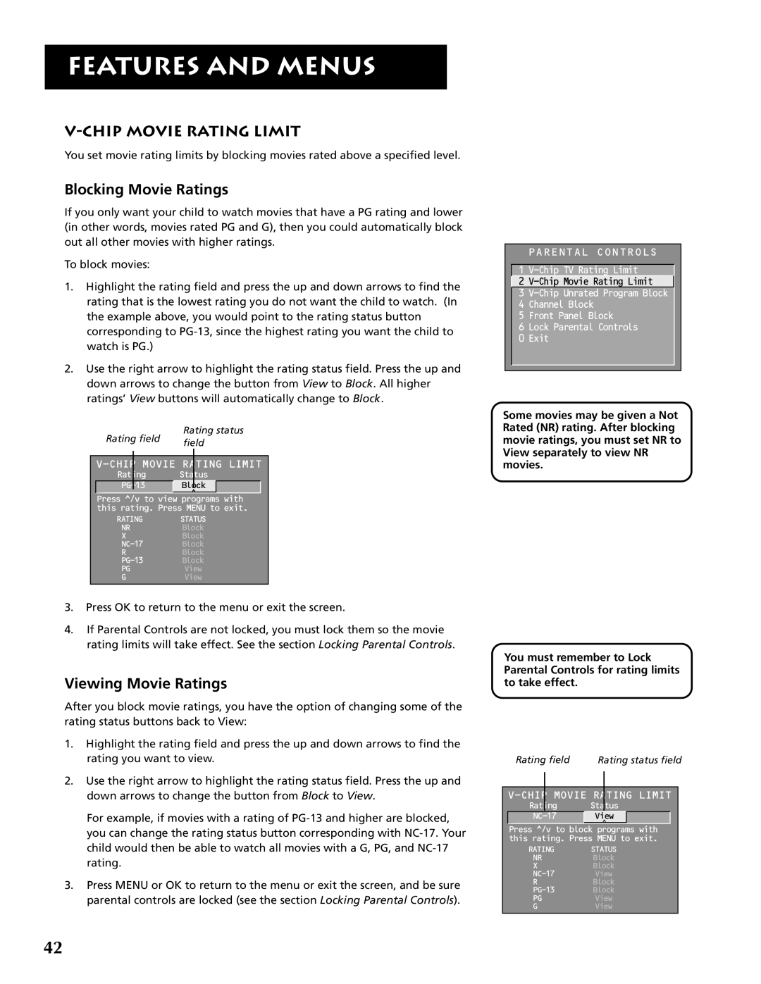 RCA F32691 manual Chip Movie Rating Limit, Blocking Movie Ratings, Viewing Movie Ratings 