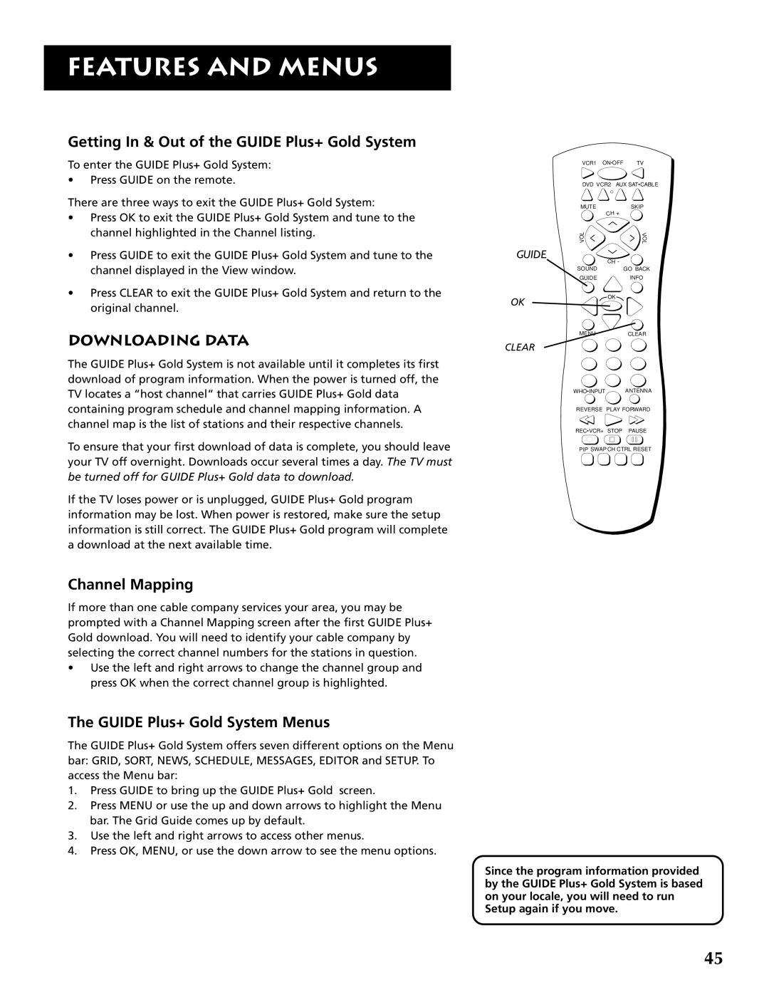 RCA F32691 manual Getting In & Out of the Guide Plus+ Gold System, Downloading Data, Channel Mapping 