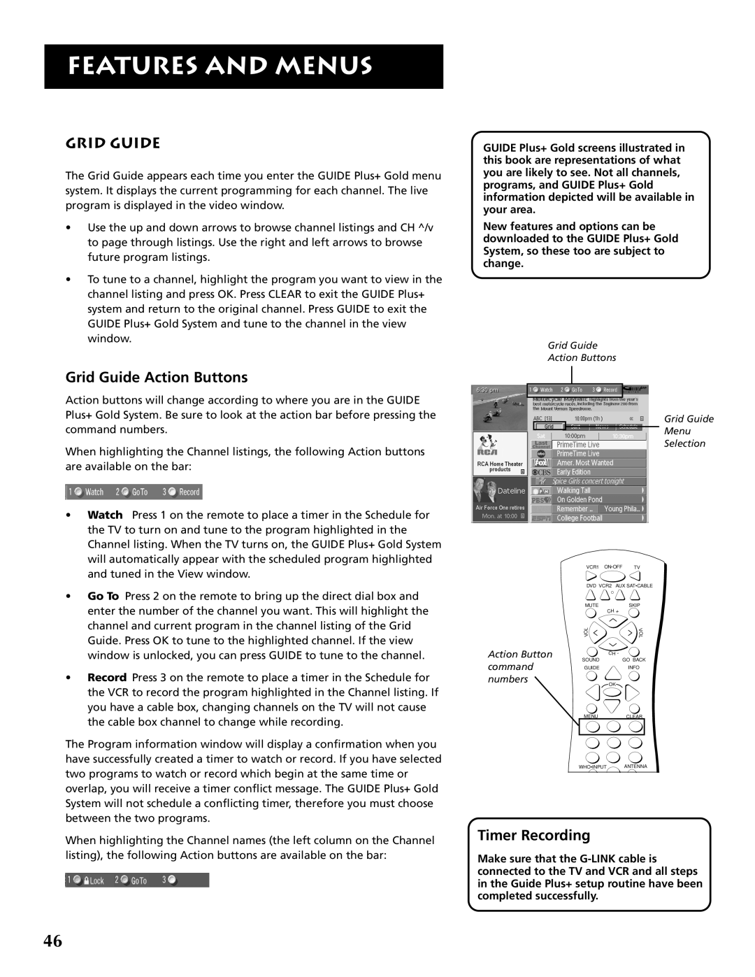 RCA F32691 manual Grid Guide Action Buttons, Timer Recording 