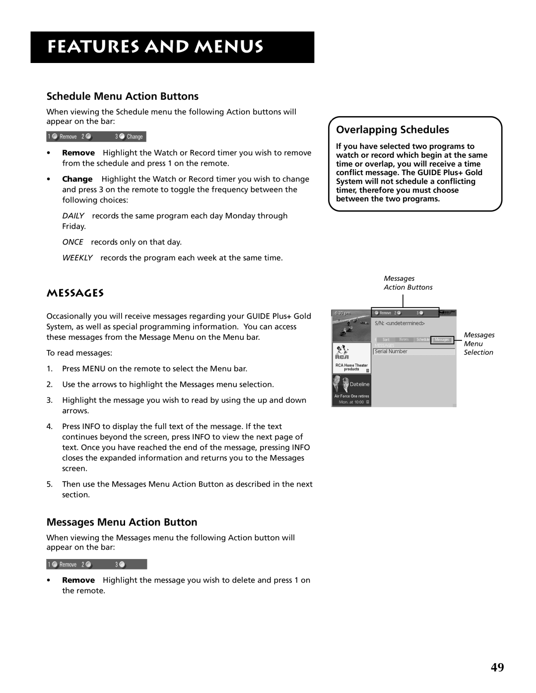 RCA F32691 manual Schedule Menu Action Buttons, Messages Menu Action Button, Overlapping Schedules 