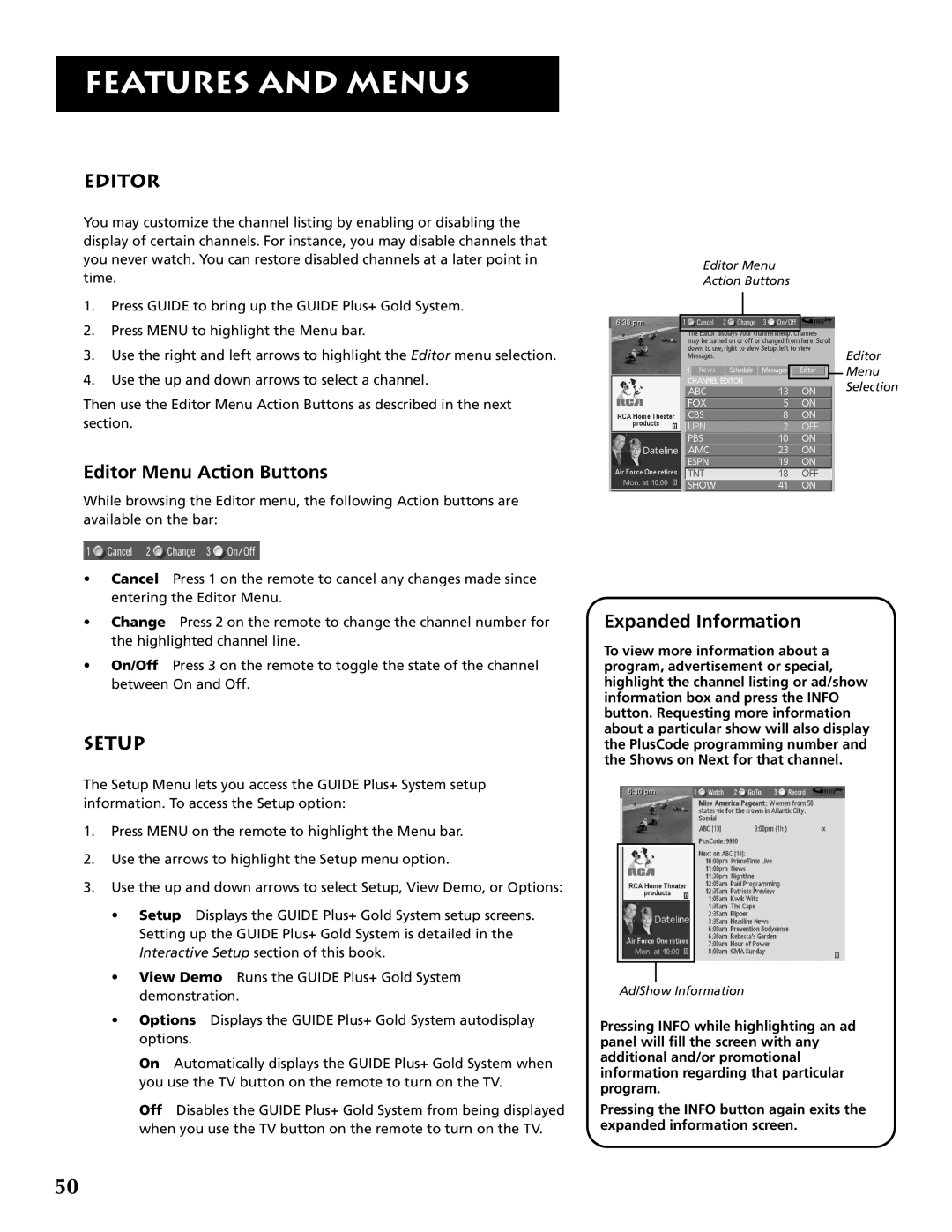 RCA F32691 manual Editor Menu Action Buttons, Setup, Expanded Information 