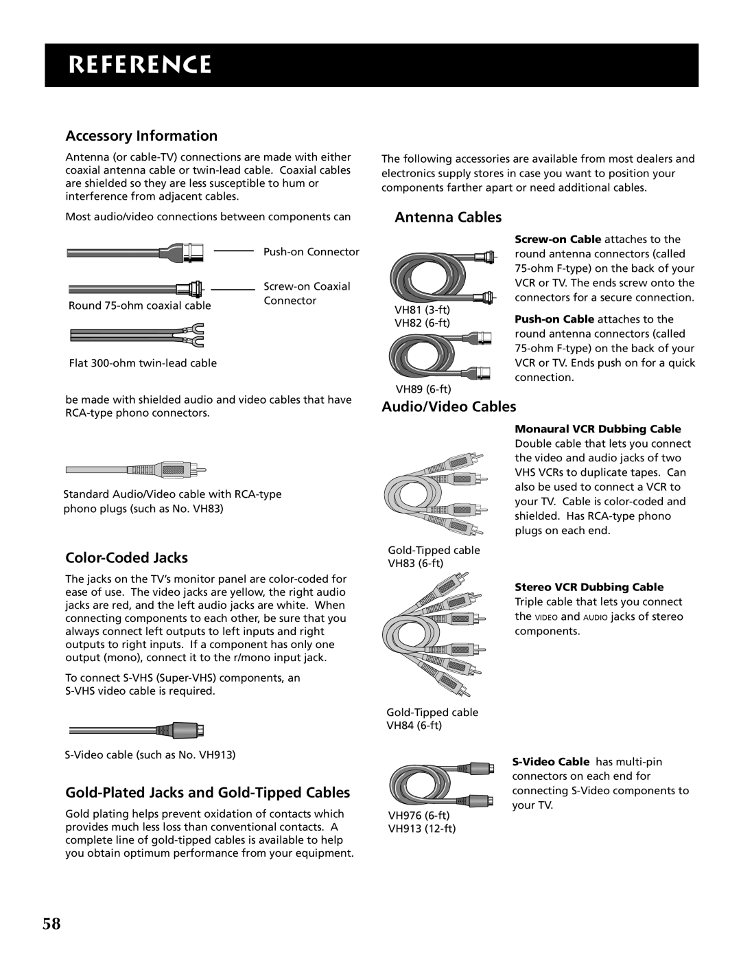 RCA F32691 manual Accessory Information, Antenna Cables, Color-Coded Jacks, Audio/Video Cables 