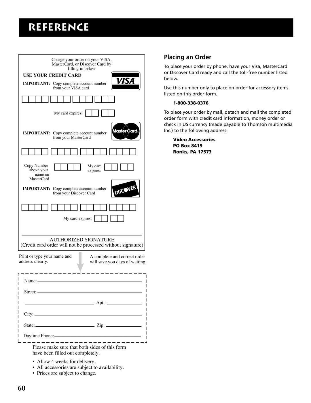 RCA F32691 manual Placing an Order, Video Accessories PO Box Ronks, PA 