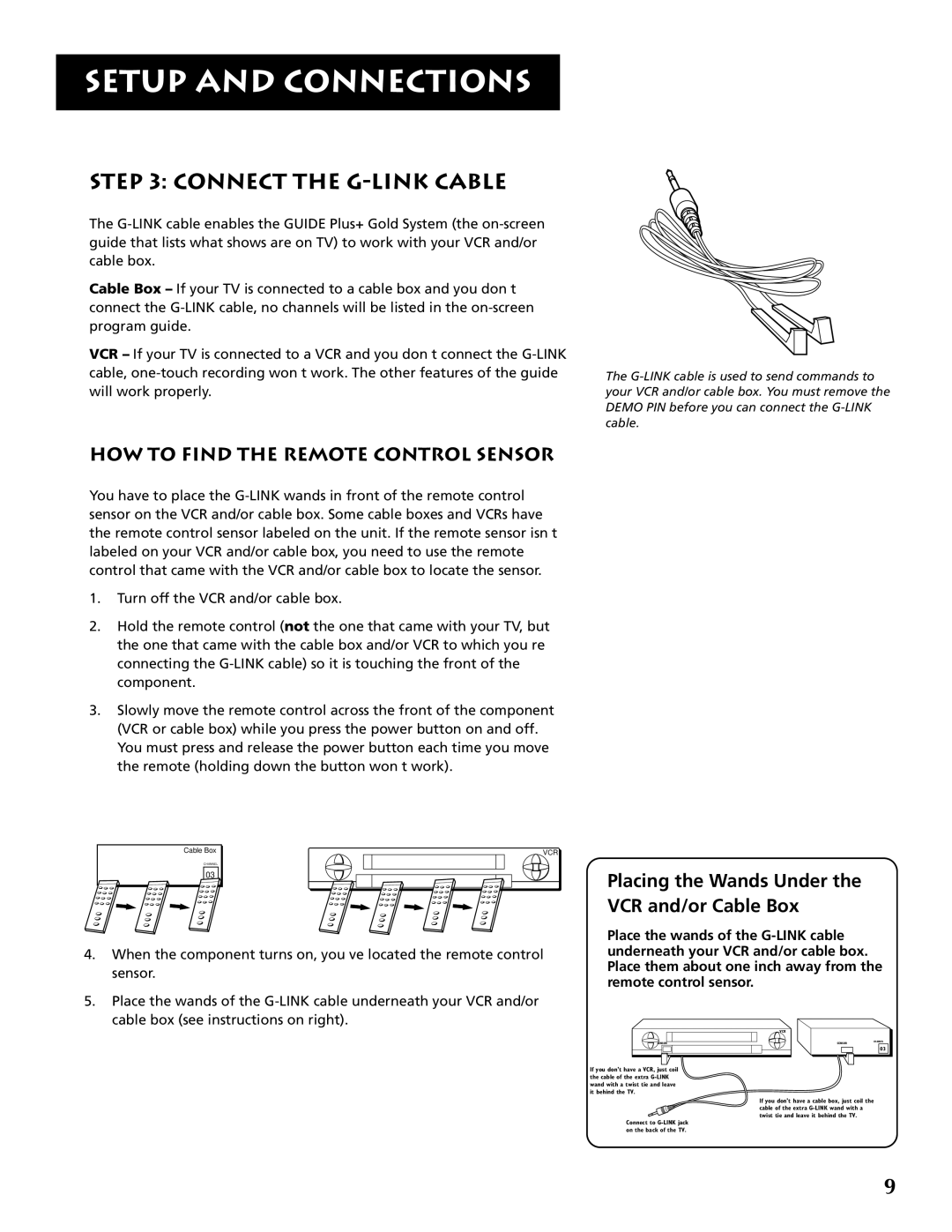 RCA F32691 manual Connect The G-Link Cable, How To Find The Remote Control Sensor, Setup And Connections 