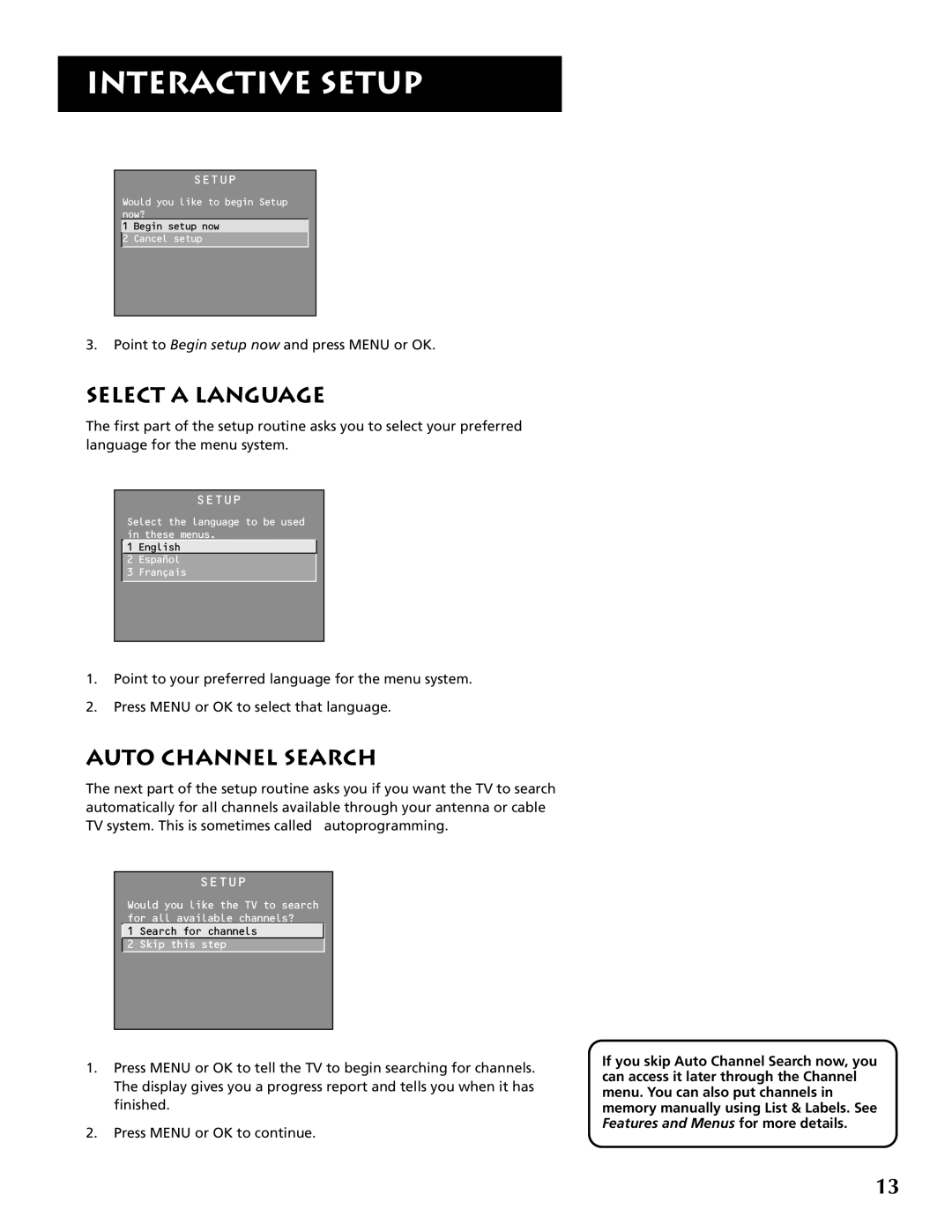 RCA F32691 manual Select A Language, Auto Channel Search, Interactive Setup 