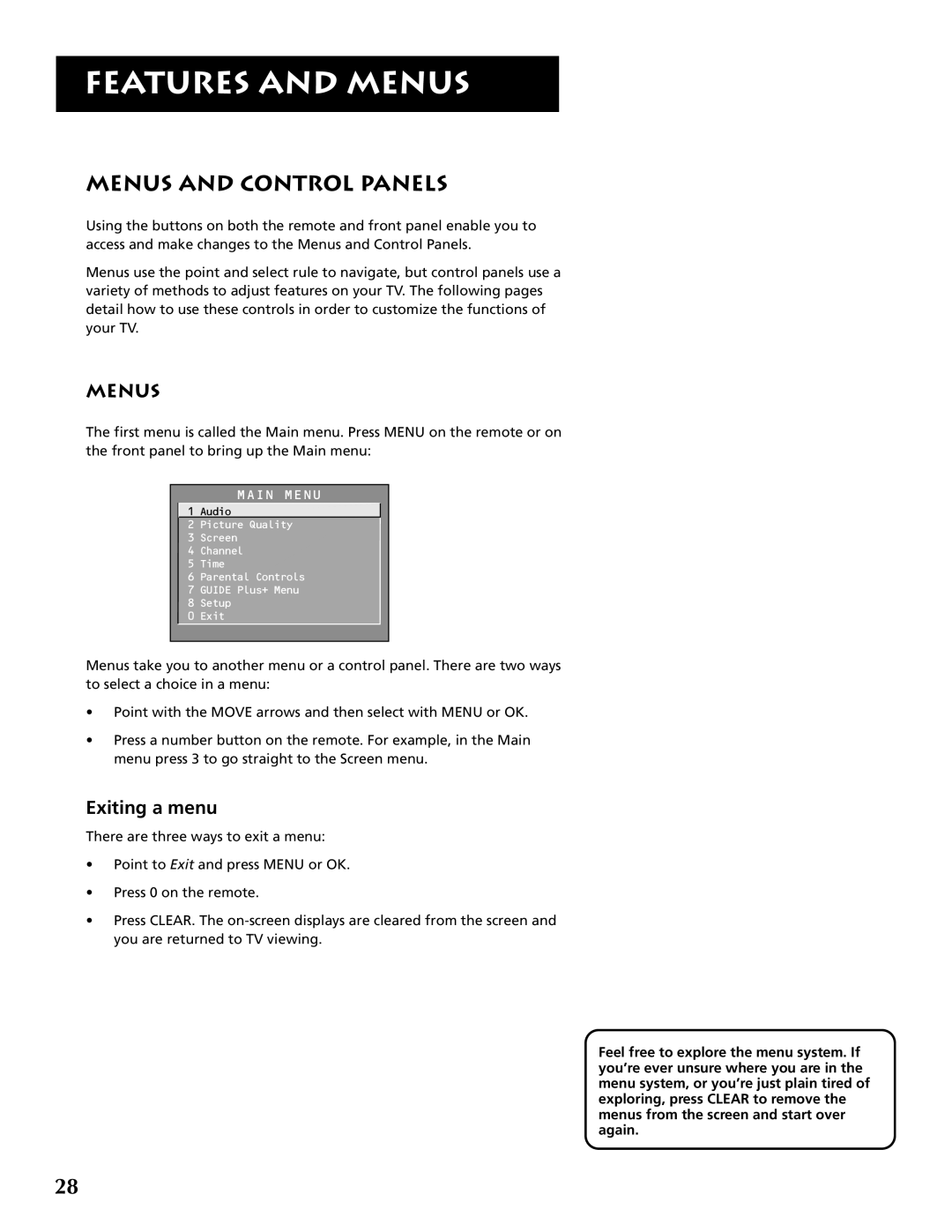 RCA F32691 manual Menus And Control Panels, Exiting a menu, Features And Menus 