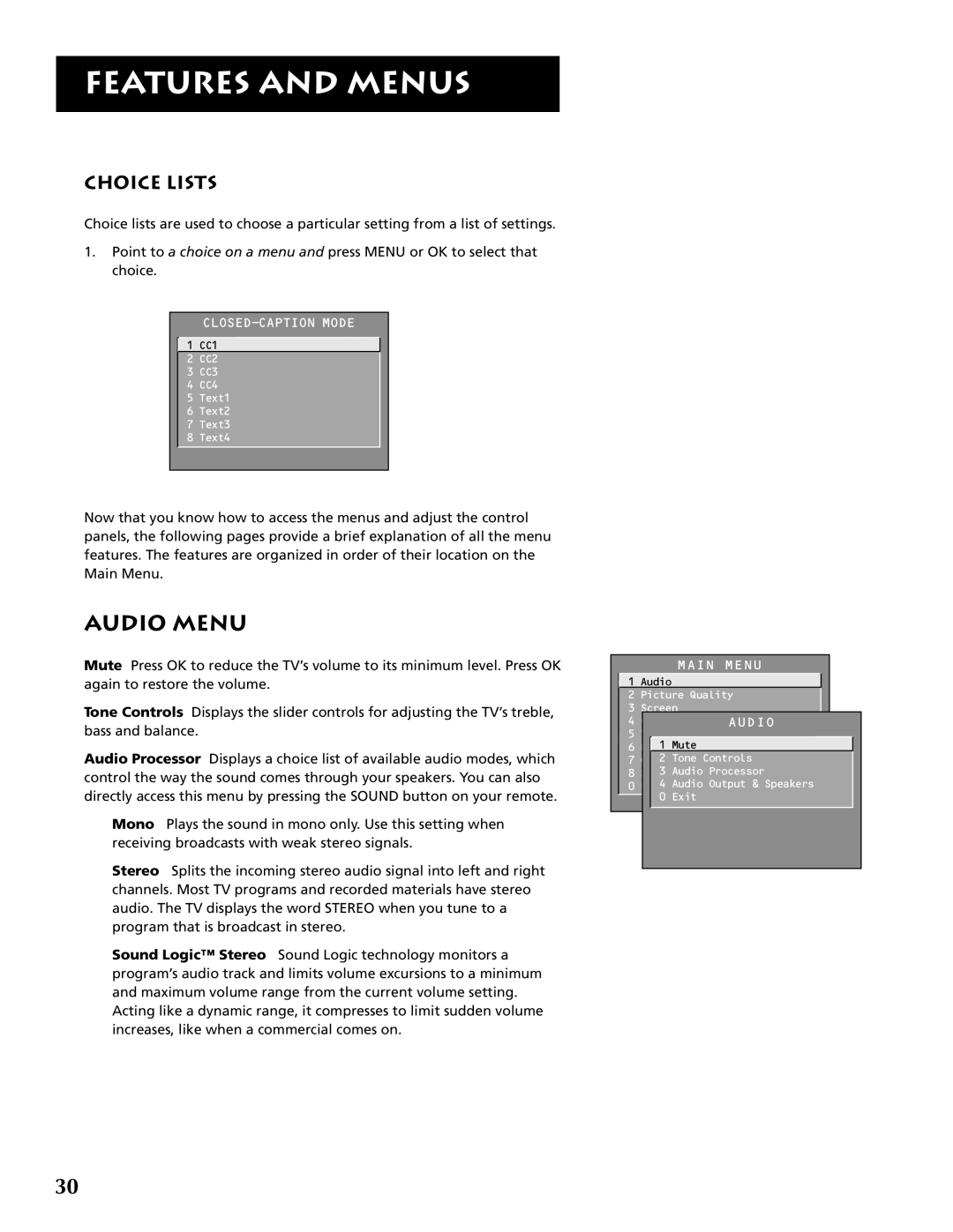 RCA F32691 manual Audio Menu, Choice Lists, Features And Menus 