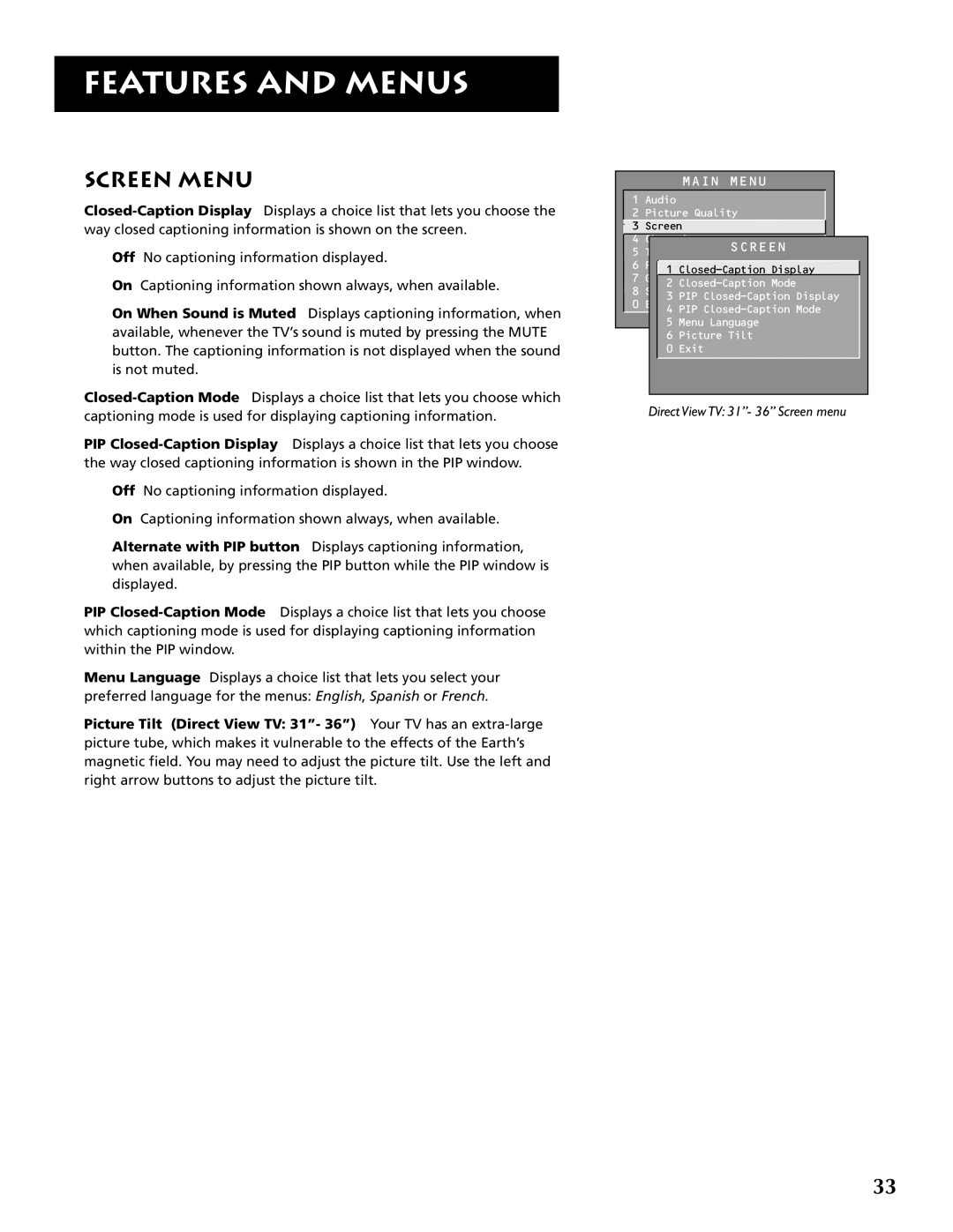 RCA F32691 manual Screen Menu, Features And Menus, Direct View TV 31”- 36” Screen menu 