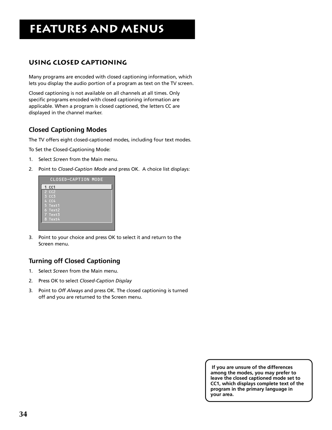 RCA F32691 manual Using Closed Captioning, Closed Captioning Modes, Turning off Closed Captioning, Features And Menus 