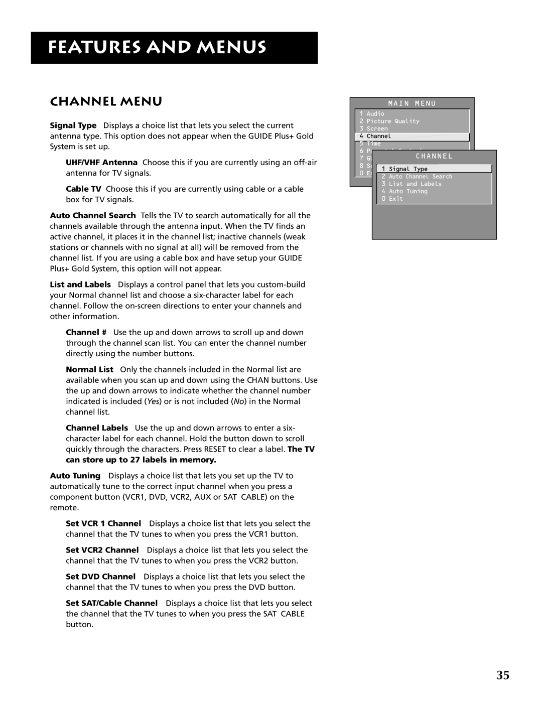 RCA F32691 manual Channel Menu, Features And Menus, can store up to 27 labels in memory 