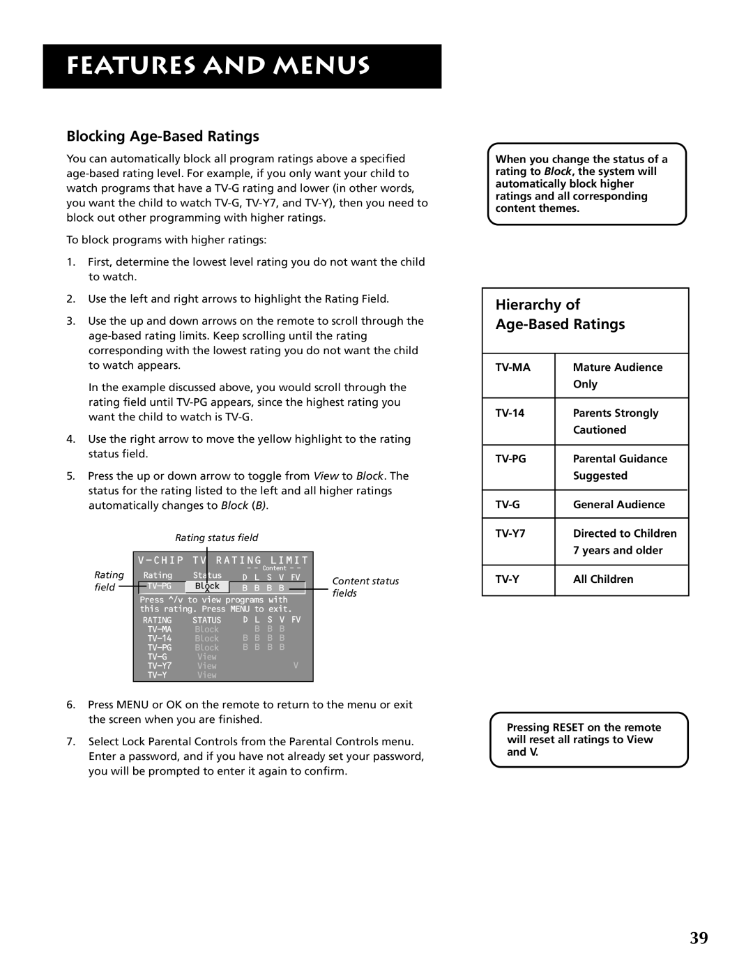 RCA F32691 Blocking Age-Based Ratings, Hierarchy of Age-Based Ratings, Features And Menus, Tv-Ma, Mature Audience, Only 