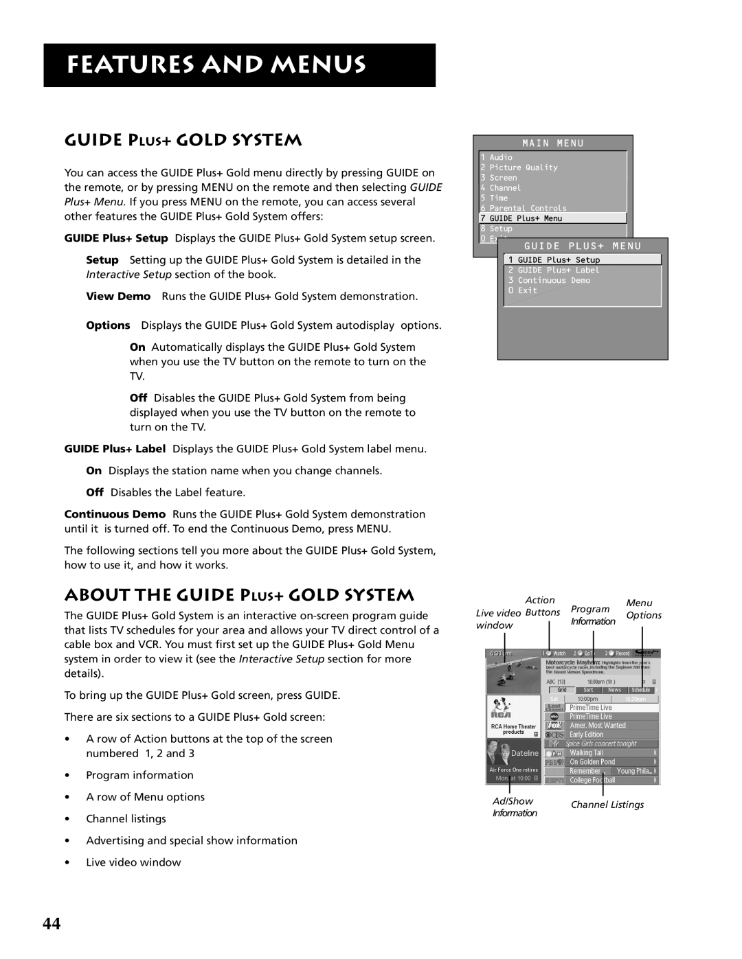 RCA F32691 manual About The Guide Plus+ Gold System, Features And Menus 