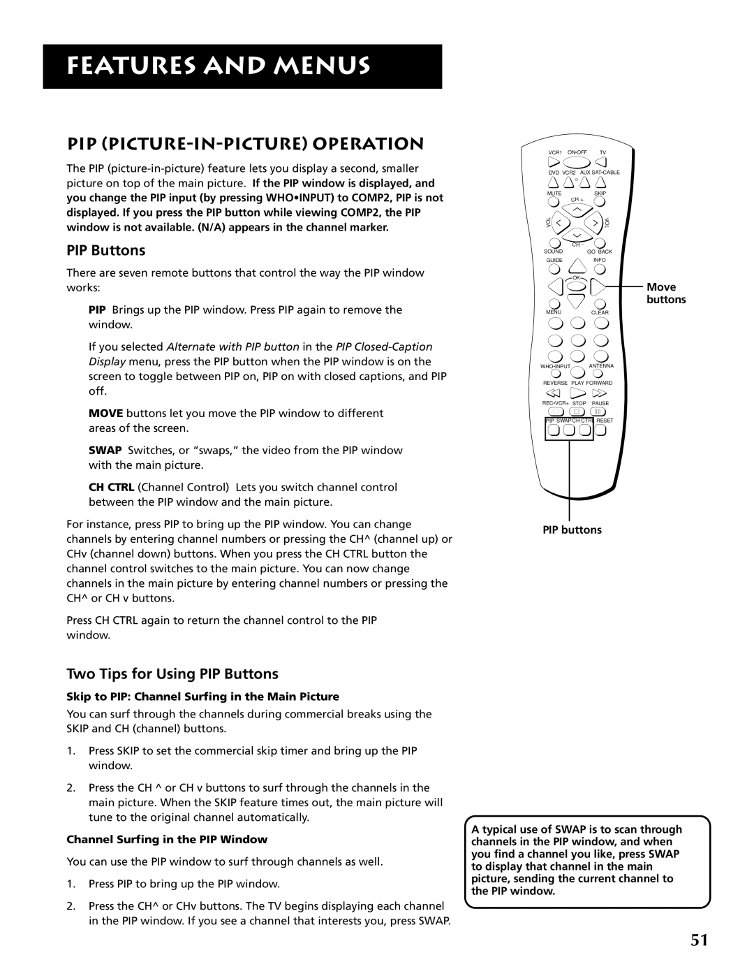 RCA F32691 manual Pip Picture-In-Picture Operation, Two Tips for Using PIP Buttons, Features And Menus, Move, buttons 