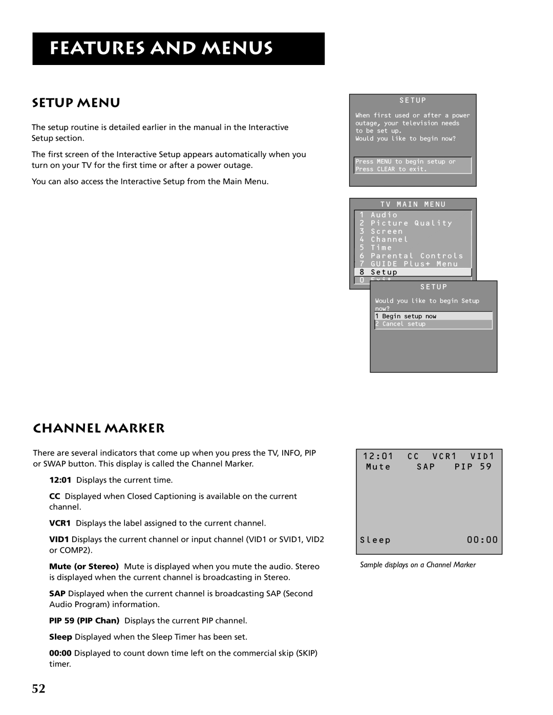 RCA F32691 manual Setup Menu, Channel Marker, Features And Menus, 1201, CC VCR1 VID1, Mute, Sap Pip, Sleep0000 