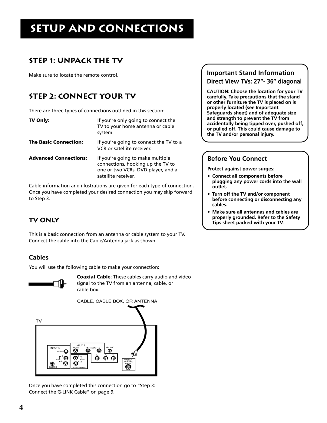RCA F32691 manual Unpack The Tv, Connect Your Tv, Tv Only, Cables, Before You Connect, Setup And Connections, TV Only 