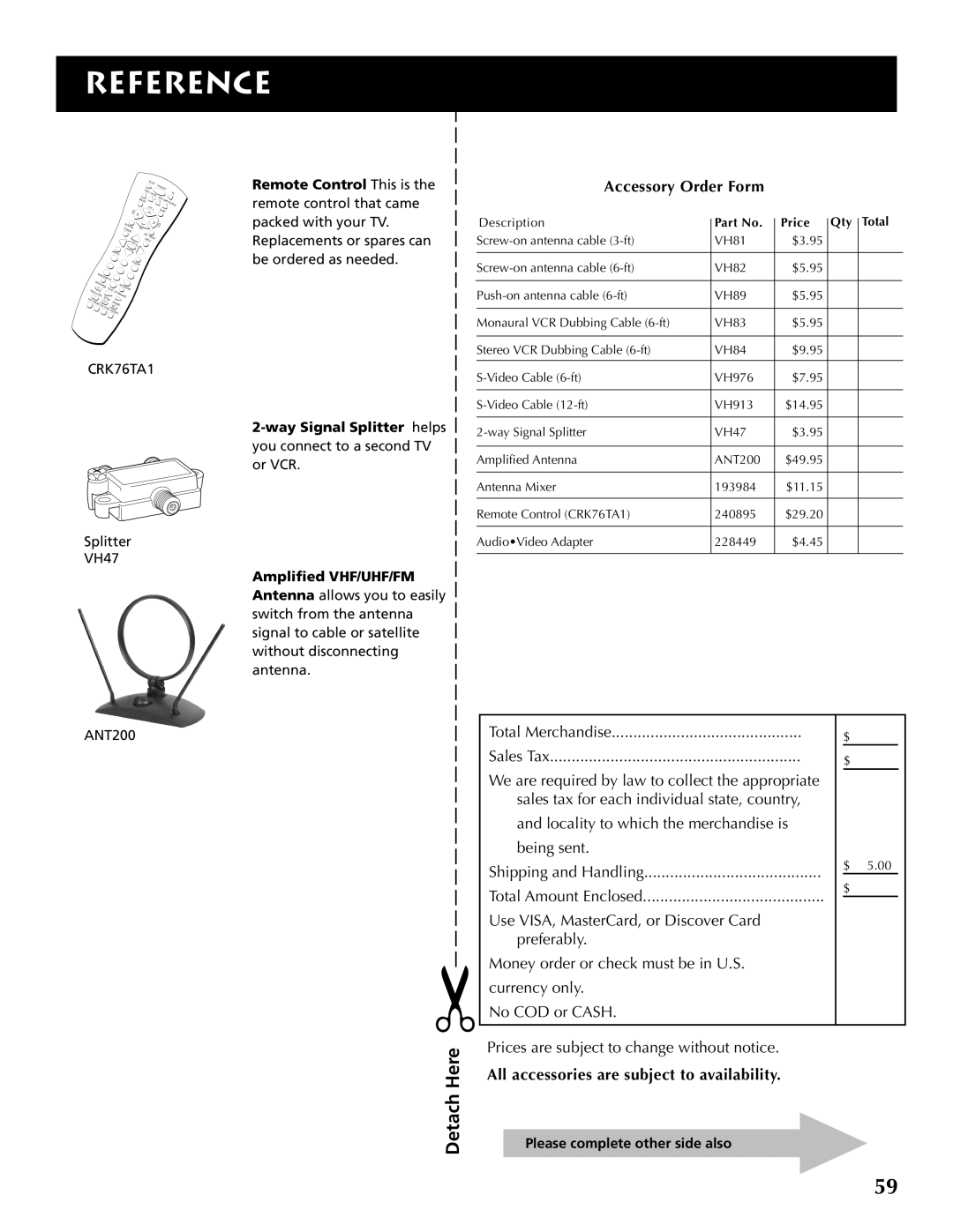 RCA F32691 manual Accessory Order Form, All accessories are subject to availability, Reference 