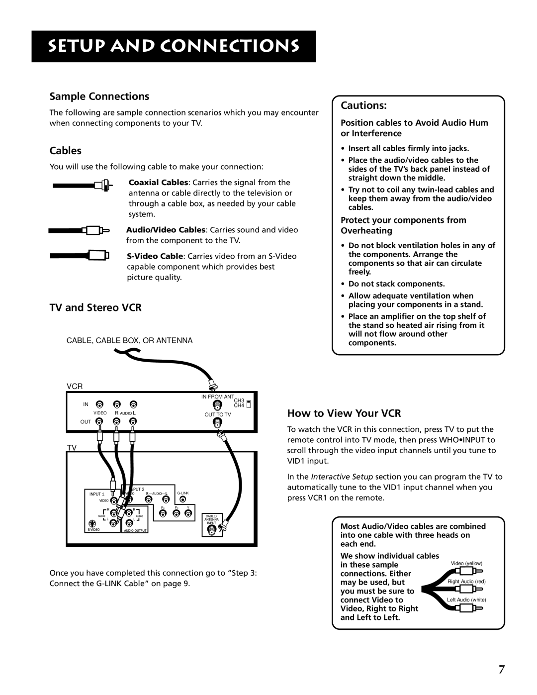 RCA F32691 Sample Connections, TV and Stereo VCR, Cautions, How to View Your VCR, Protect your components from Overheating 
