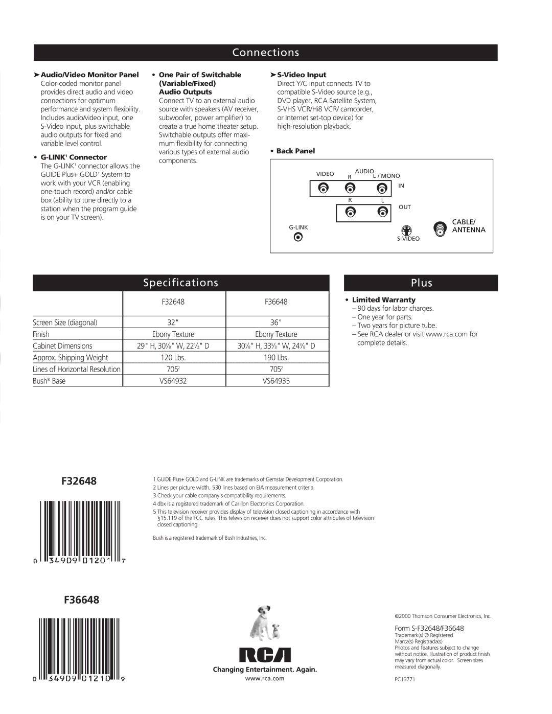 RCA F36648, F32648 manual Connections, Specifications Plus 