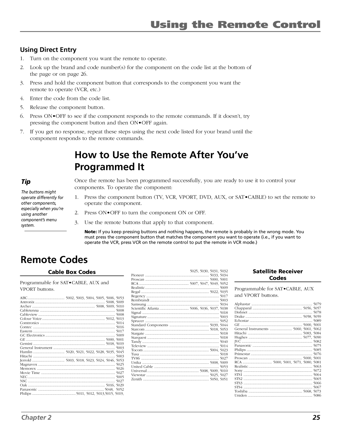 RCA F36650, F32650, F27650 manual How to Use the Remote After You’ve Programmed It, Remote Codes, Using Direct Entry 