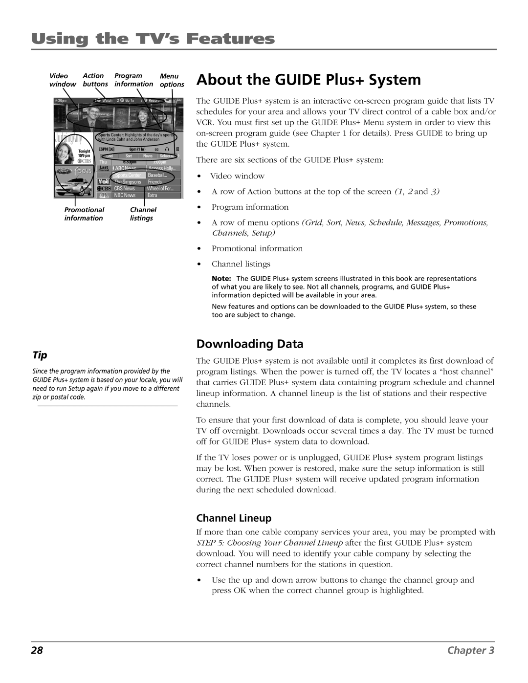 RCA F36650, F32650, F27650 manual Using the TV’s Features, Downloading Data, Channel Lineup 