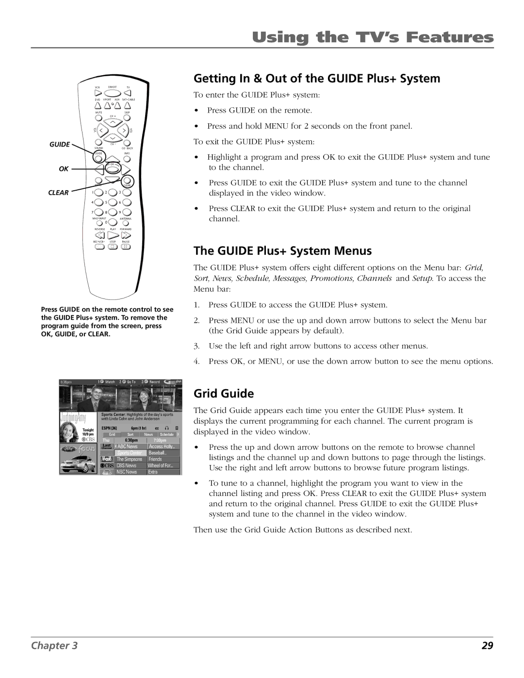 RCA F32650, F36650, F27650 manual Getting In & Out of the Guide Plus+ System, Guide Plus+ System Menus, Grid Guide 