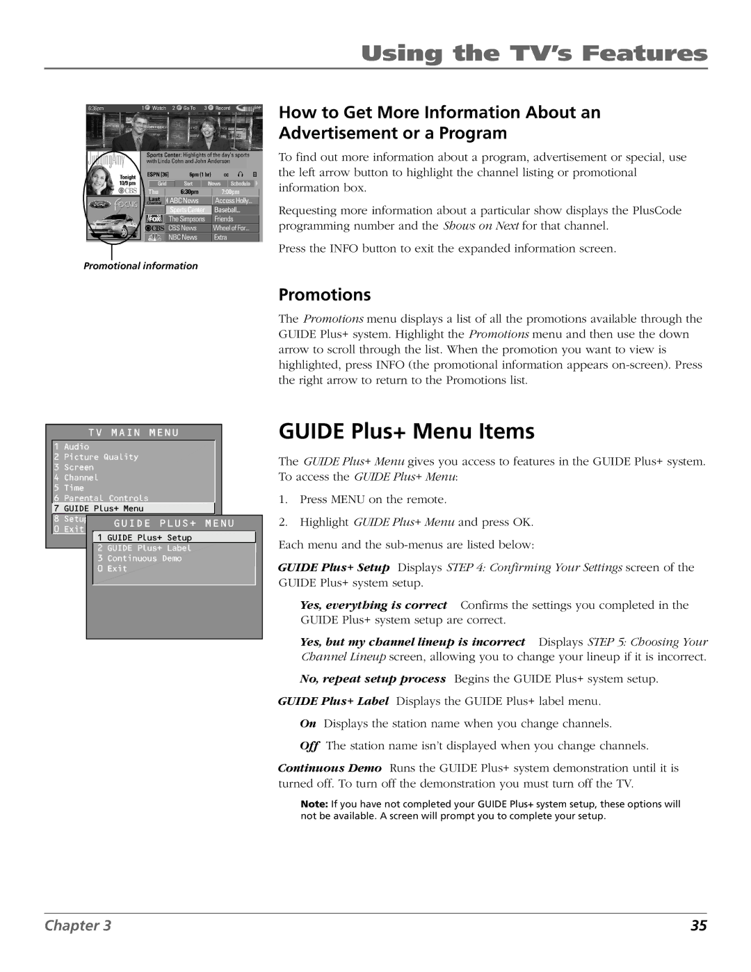 RCA F32650, F36650, F27650 manual Guide Plus+ Menu Items, Promotions 