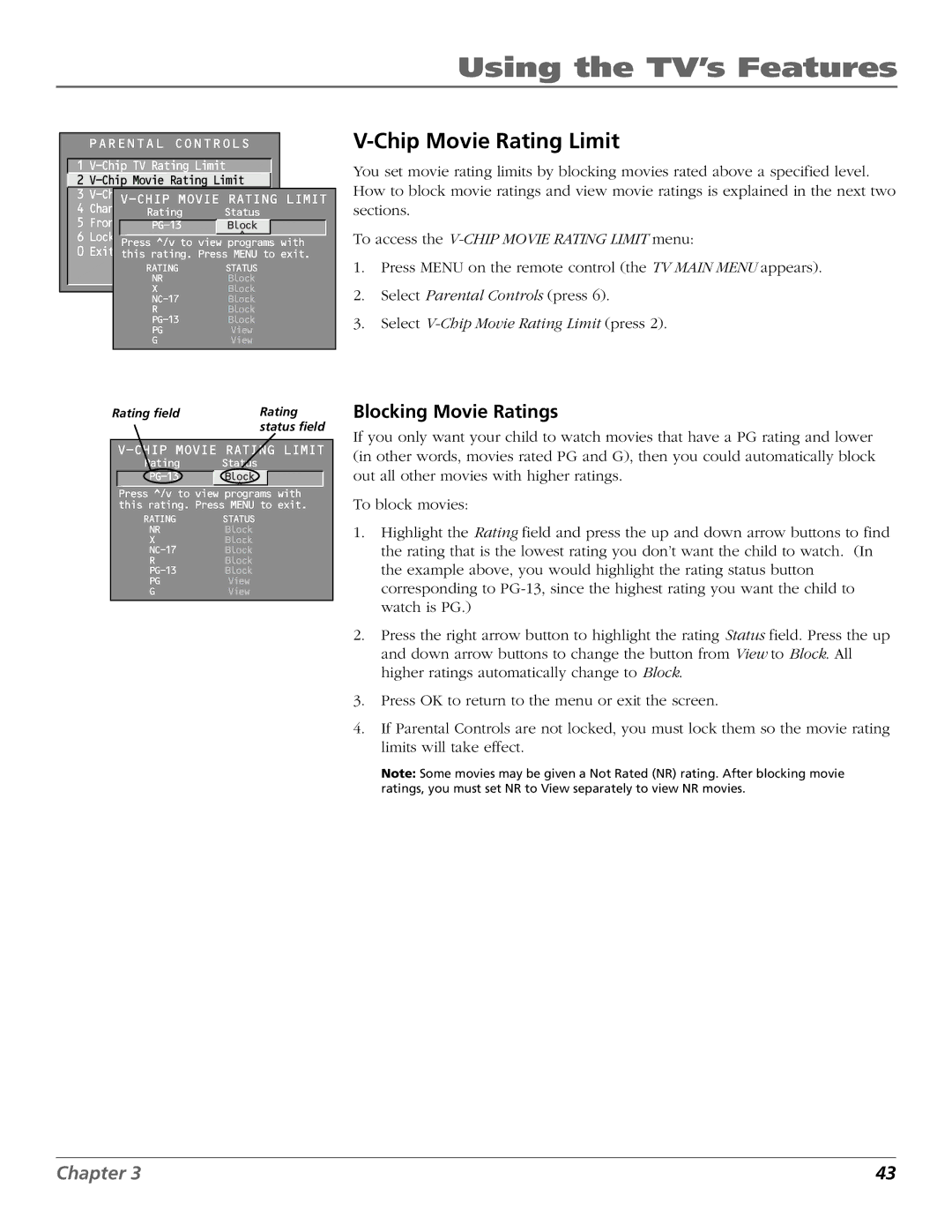 RCA F36650, F32650, F27650 manual Chip Movie Rating Limit, Blocking Movie Ratings 